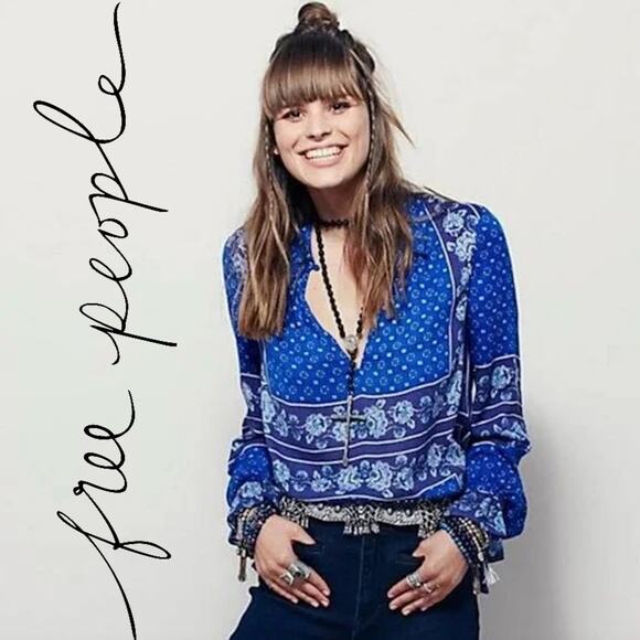 FREE PEOPLE Boho Blue & Purple Floral Tunic Blouse Top - Picture 3 of 16